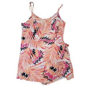 Forever 21+ Womens 3X Tropical Palm Leaf Print Wrap Front Romper Orange Pink